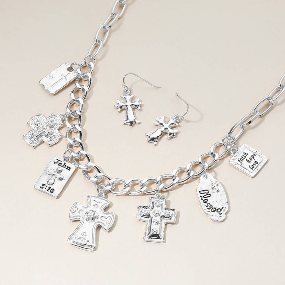 Metal Cross Bible Charm Station Chunky Chain Necklace: Gold or Silver