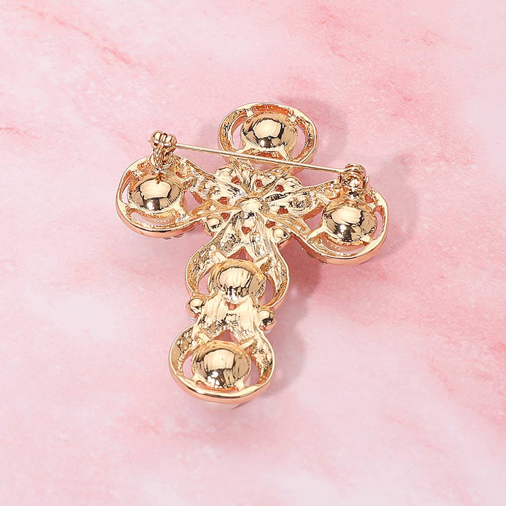 Rhinestone Paved Pearl Antique Cross Pin Brooch: Antique Silver,White