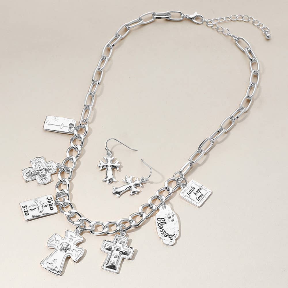 Metal Cross Bible Charm Station Chunky Chain Necklace: Gold or Silver