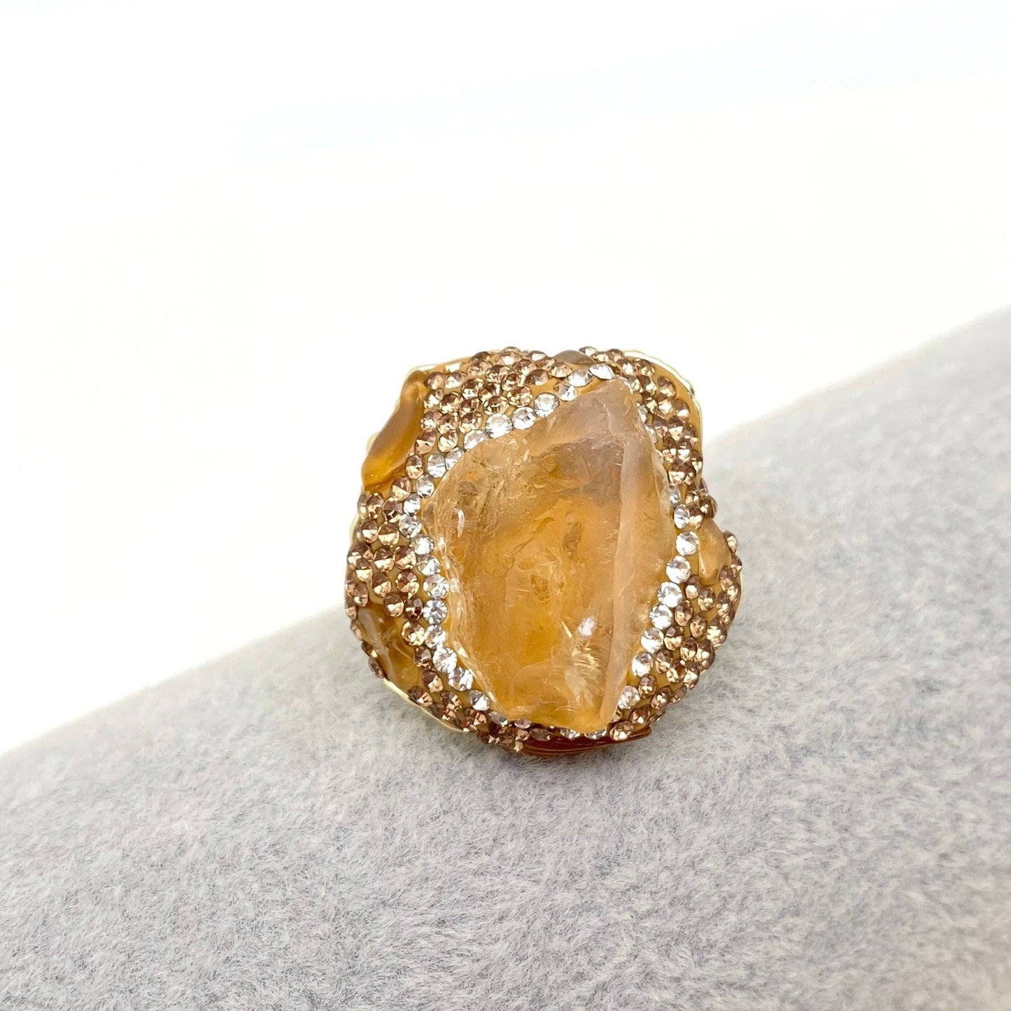 Irregular Crystal Adjustable Ring Inlaid with Rhinestones-CS: Citrine