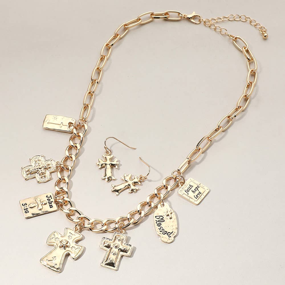 Metal Cross Bible Charm Station Chunky Chain Necklace: Gold or Silver