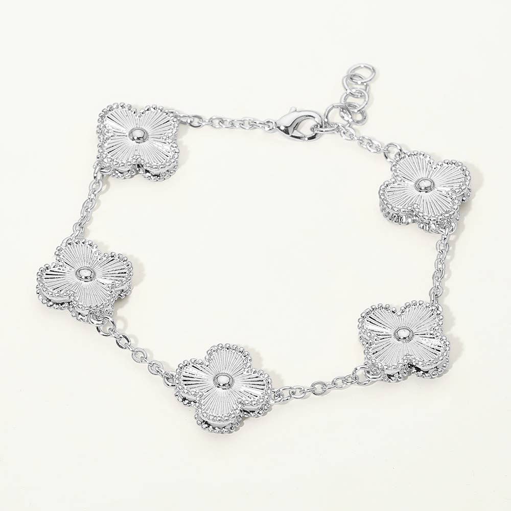 14K Gold Plated Textured Quatrefoil Charm Link Bracelet: Silver