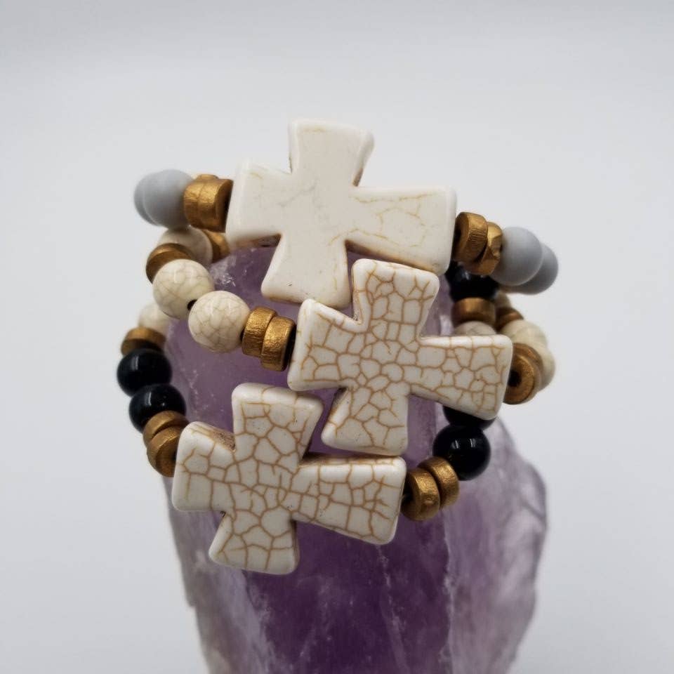 Turquoise Chunky Cross Stretch Bracelet: Gray, White, Black