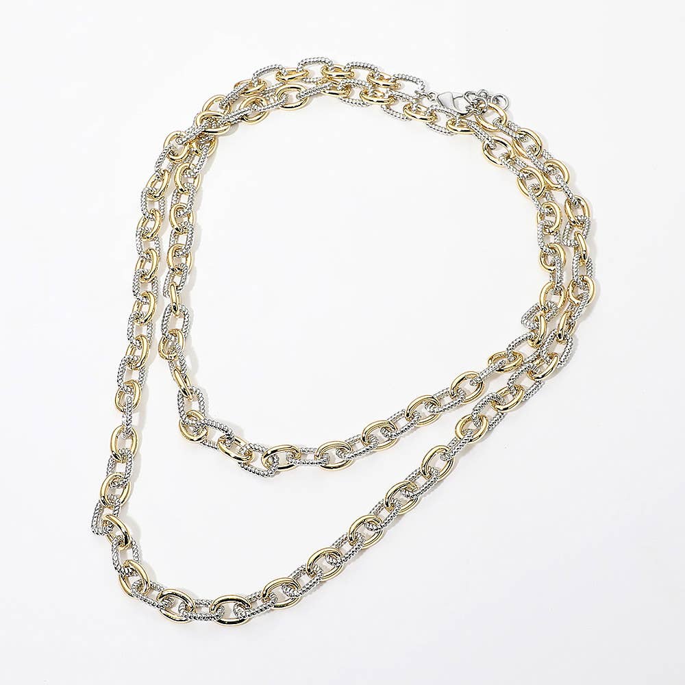 14K Gold Plated Two Tone Textured Link Chain Long Necklace