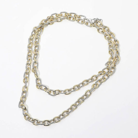 14K Gold Plated Two Tone Textured Link Chain Long Necklace