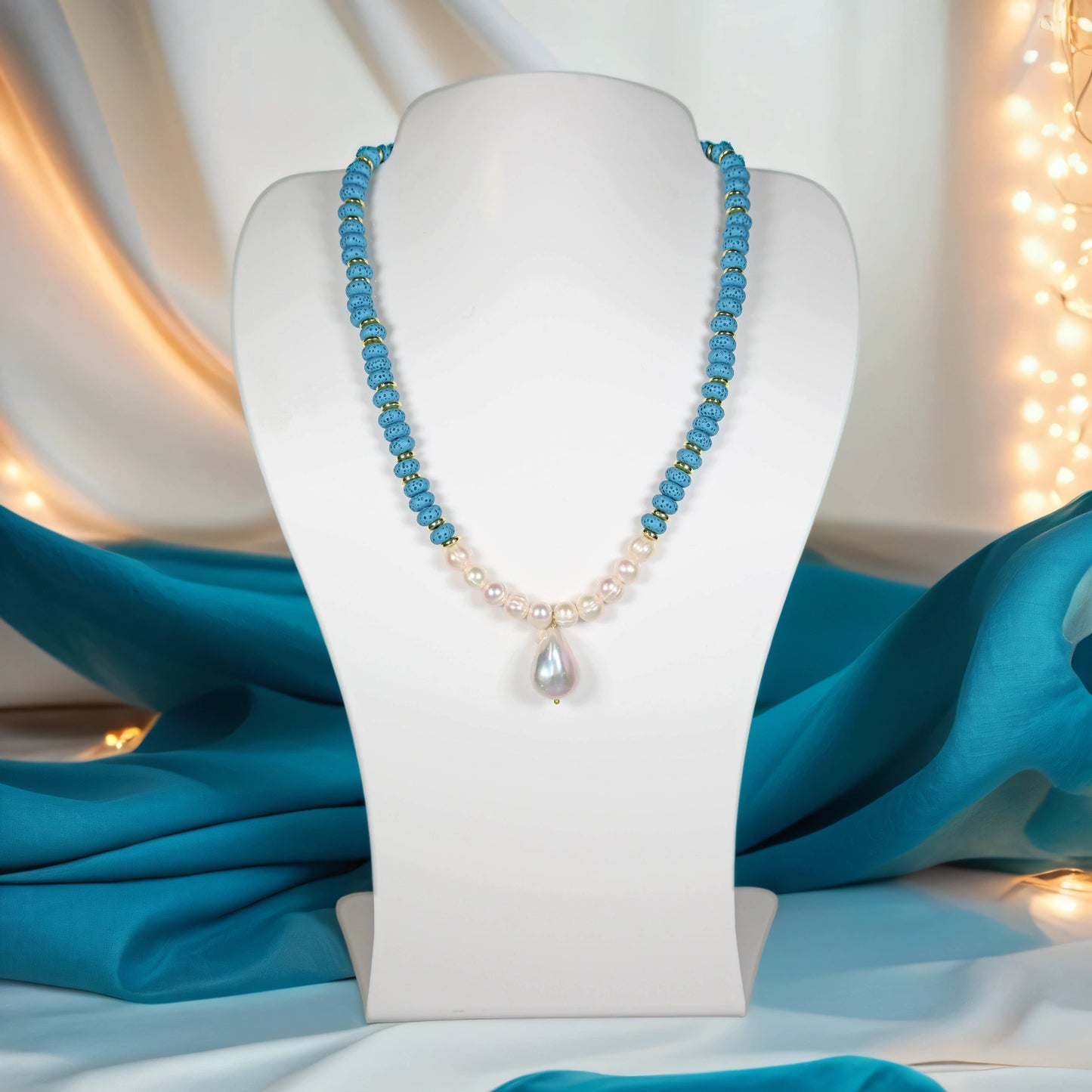 Blue Lava Stone and Freshwater Pearl Necklace