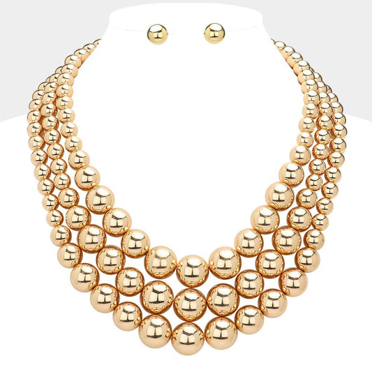 Oversized Triple Layered Metal Ball Statement Necklace: Gold