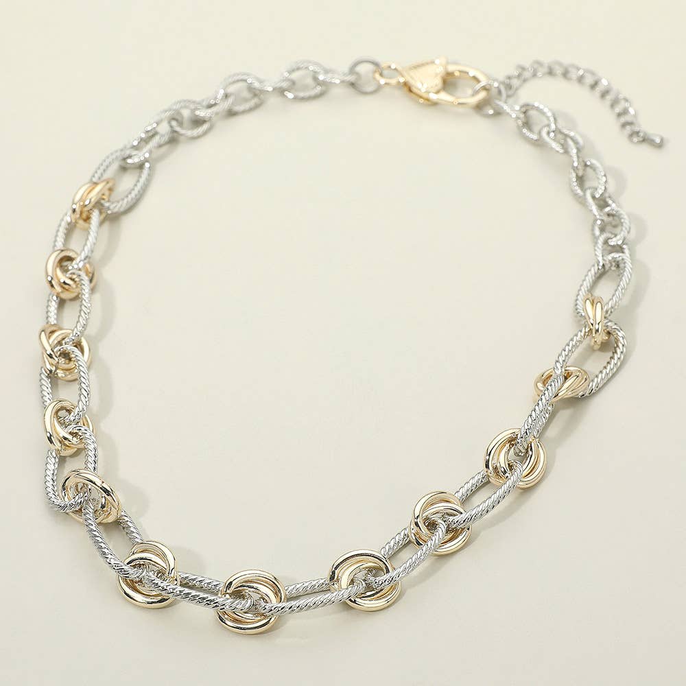 14K Gold Plated Two Tone Knot Link Chain Necklace