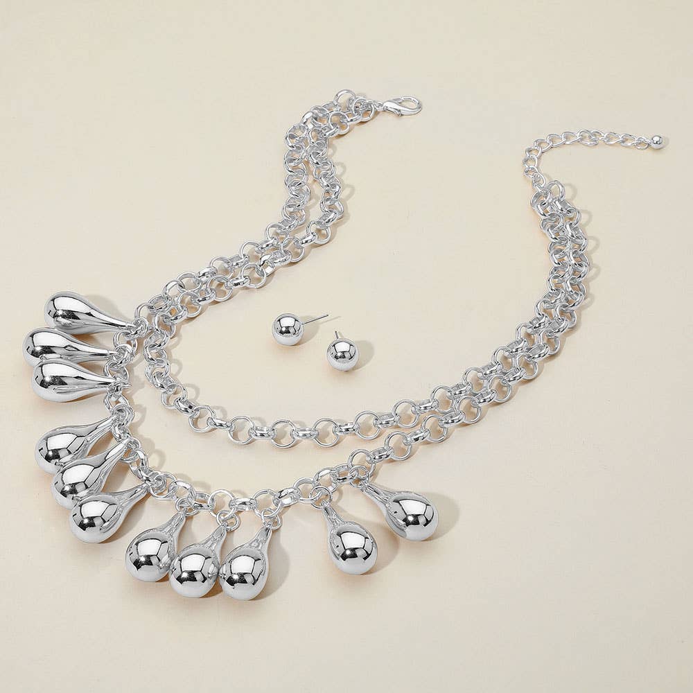 Chunky Metal Teardrop Ball Layered Statement Necklace
: Silver