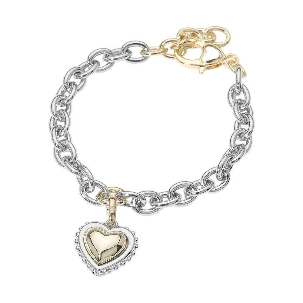 14K Gold Plated Two Tone CZ Pave Heart Charm Chunky Chain Bracelet