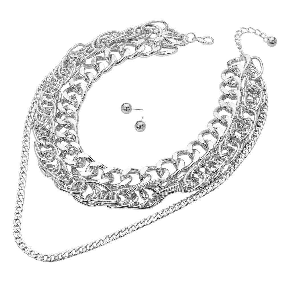 Chunky Metal Layered Chain Statement Necklace: Rhodium