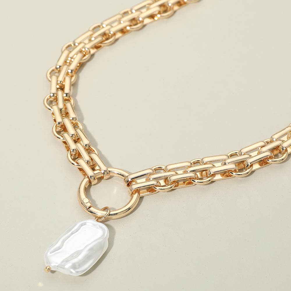 Baroque Pearl Pearl Charm Pendant Chunky Link Chain Necklace: Cream,Gold