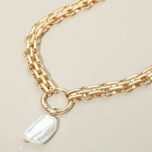 Baroque Pearl Pearl Charm Pendant Chunky Link Chain Necklace: Cream,Gold