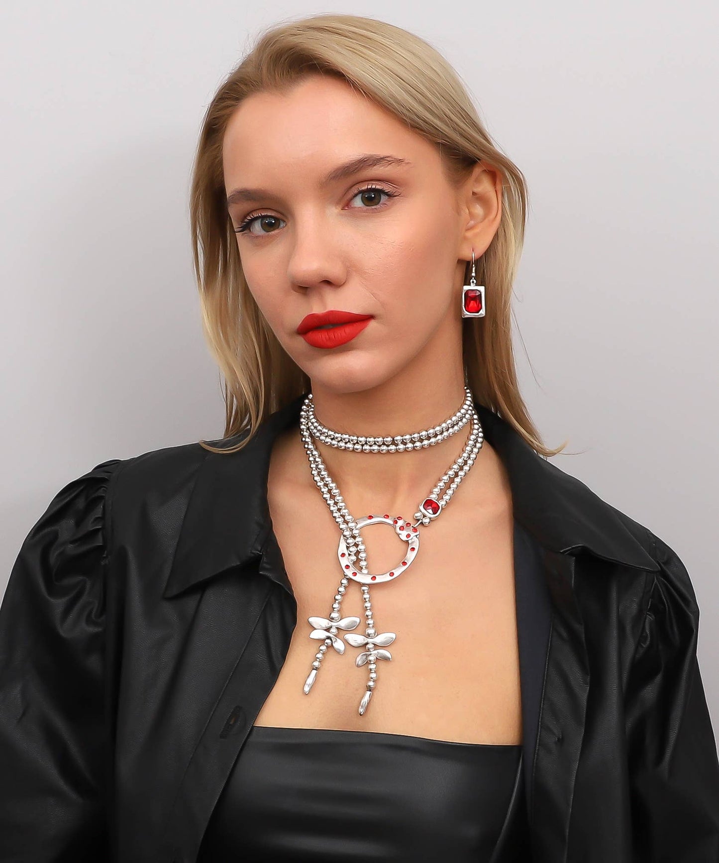 Dragonfly Handmade Necklace & Earrings Set with Red Crystal-Hypoallergenic ► Lead, Nickel, Cadmium free.