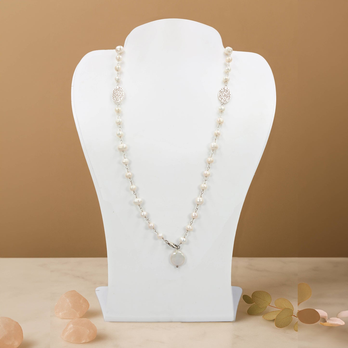 16C126 - Cultured Pearl Sterling Filigree Lariat Necklace