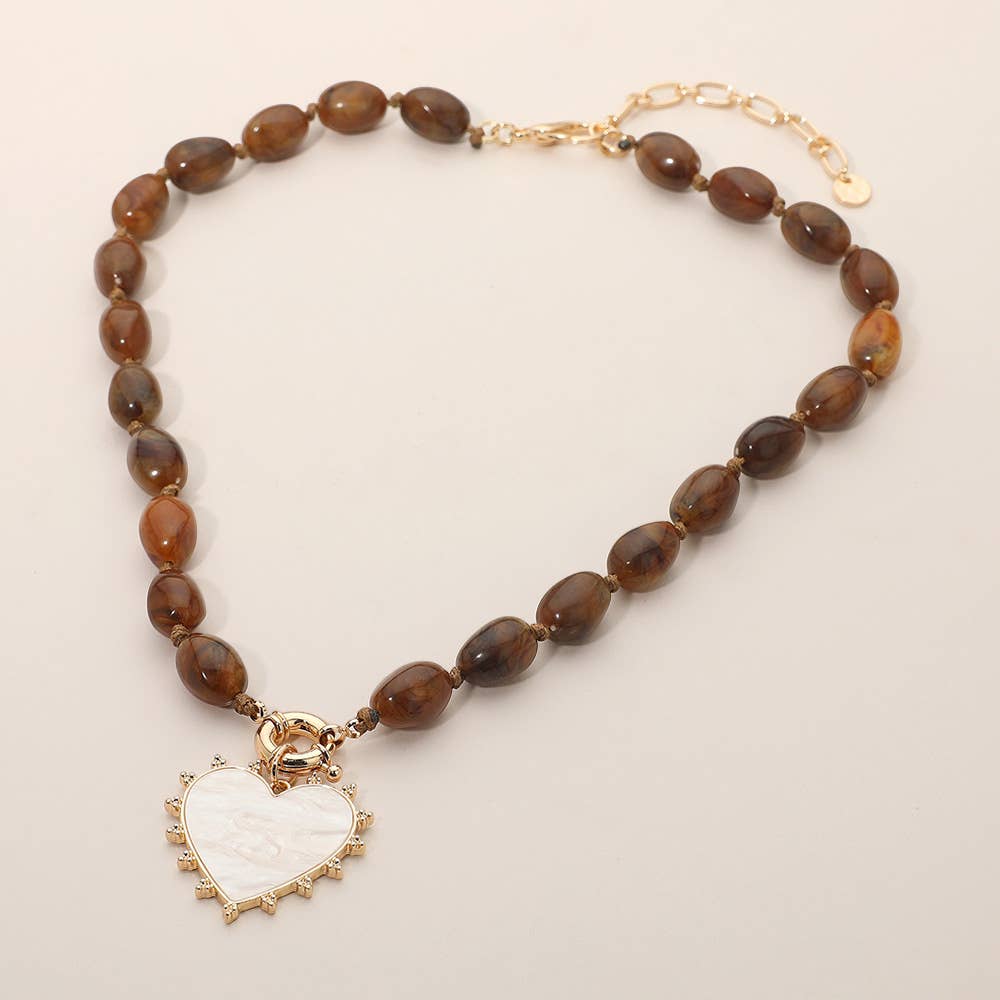 Mother of Pearl Heart Pendant Marbled Resin Oval Beaded Necklace: Brown
