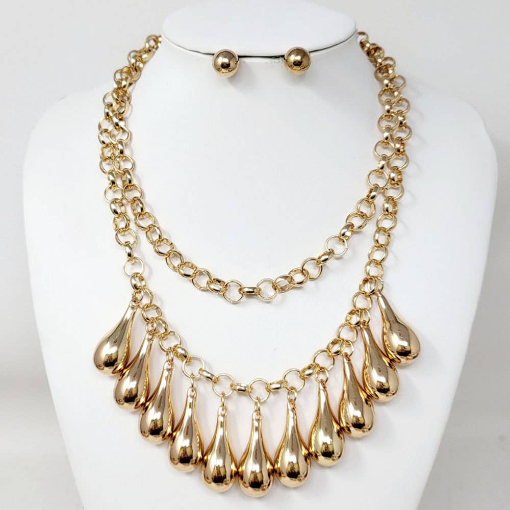 Chunky Metal Teardrop Ball Layered Statement Necklace
: Gold