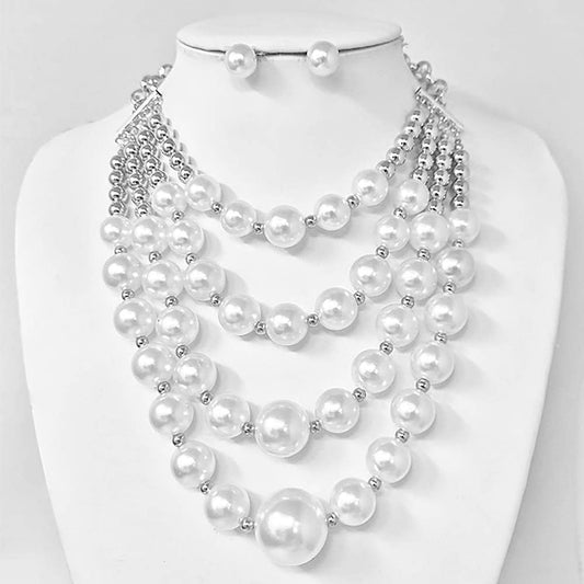 Multi-Layered Pearl Statement Necklace: Rhodium,White