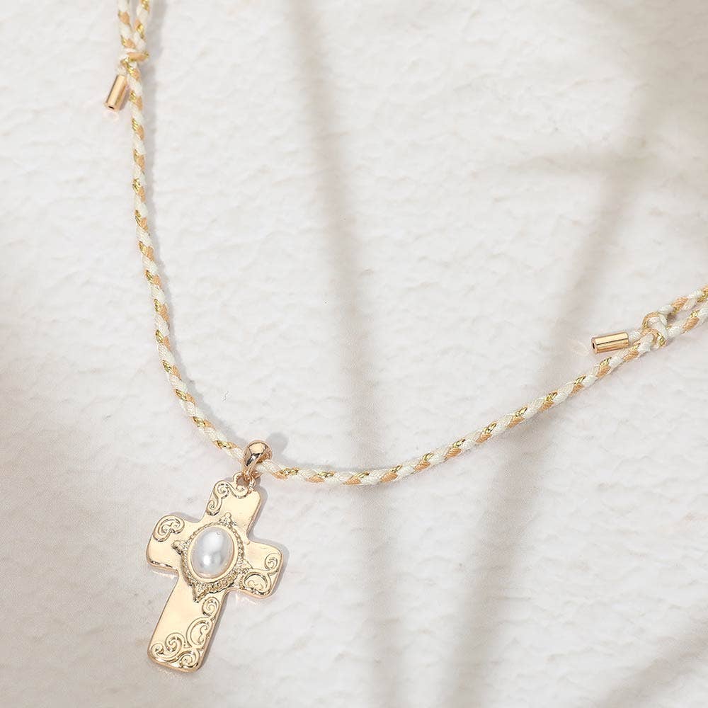 Oval Pearl Accent Cross Pendant Twisted Thread Adjustable Necklace