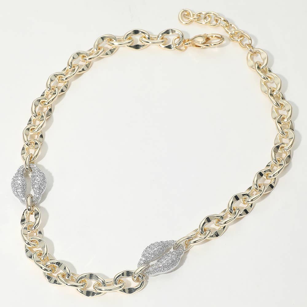 14K Gold Plated Two Tone CZ Stone Paved Link Accent Chunky Chain Necklace