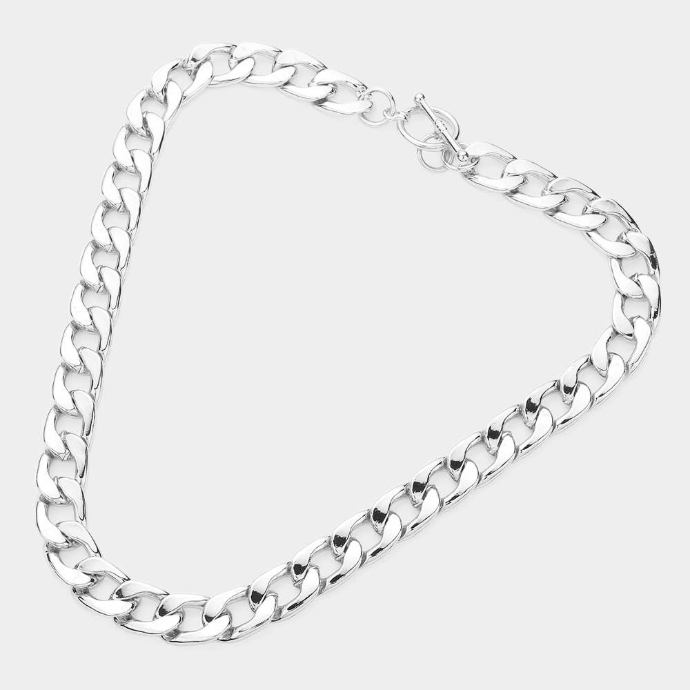 Gold Dipped Metal Chain Toggle Necklace: Rhodium