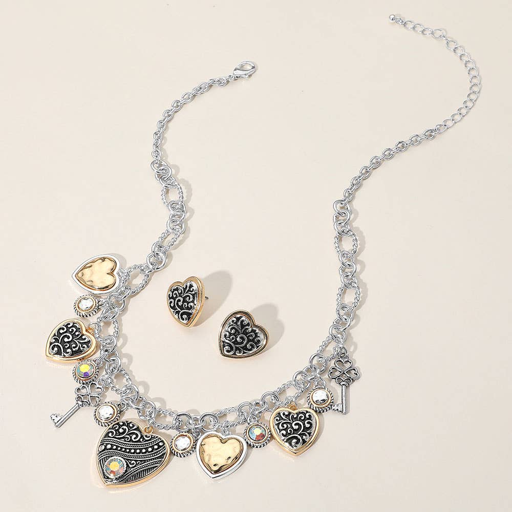 Two Tone Antique Metal Heart Clover Key Stone Charm Necklace