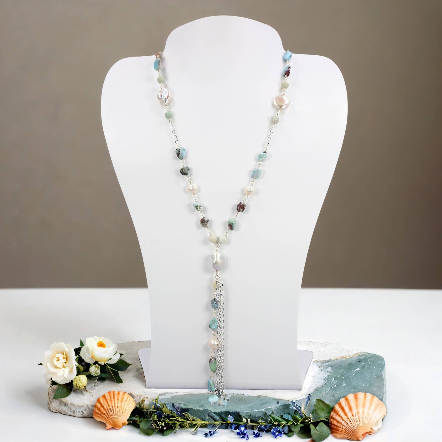 Gemstone and Freshwater Pearls Lariat Necklace: Larimar