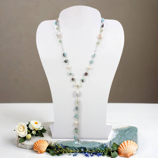 Gemstone and Freshwater Pearls Lariat Necklace: Larimar