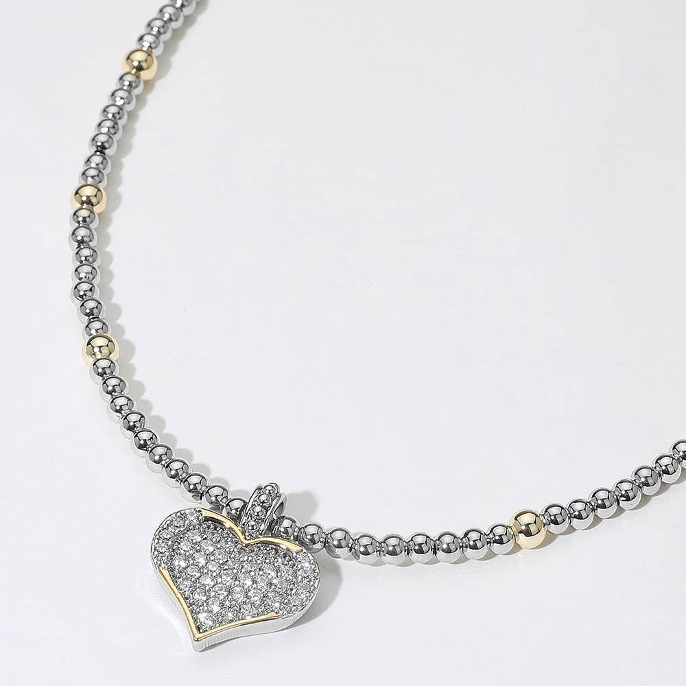 14K Gold Plated Two Tone Ball Beaded CZ Stone Paved Heart Pendant Necklace