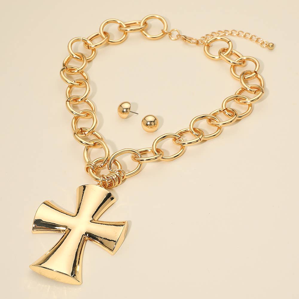 Chunky Matte Metal Cross Pendant Pointed Chain Necklace: Gold