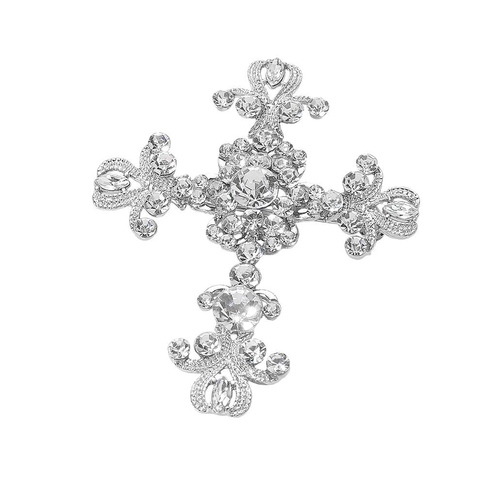 Elegant Stone Embellished Cross Pin Brooch: Clear,Silver