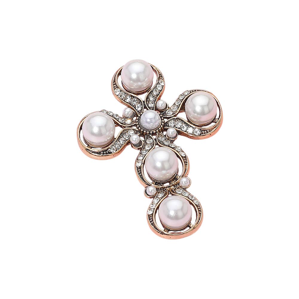 Rhinestone Paved Pearl Antique Cross Pin Brooch: Antique Silver,White