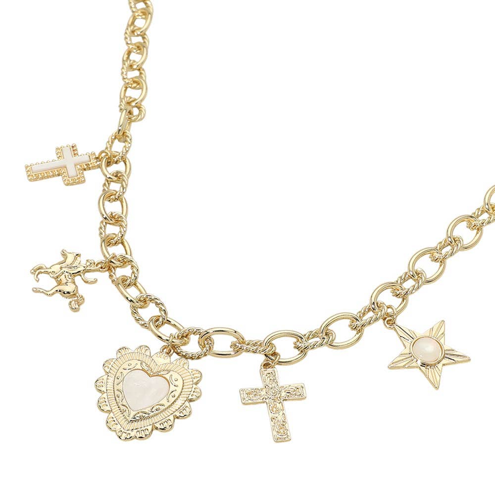 Antique Metal Cross Horse Turquoise Stone Accent Heart Star Charm Station Necklace: Gold