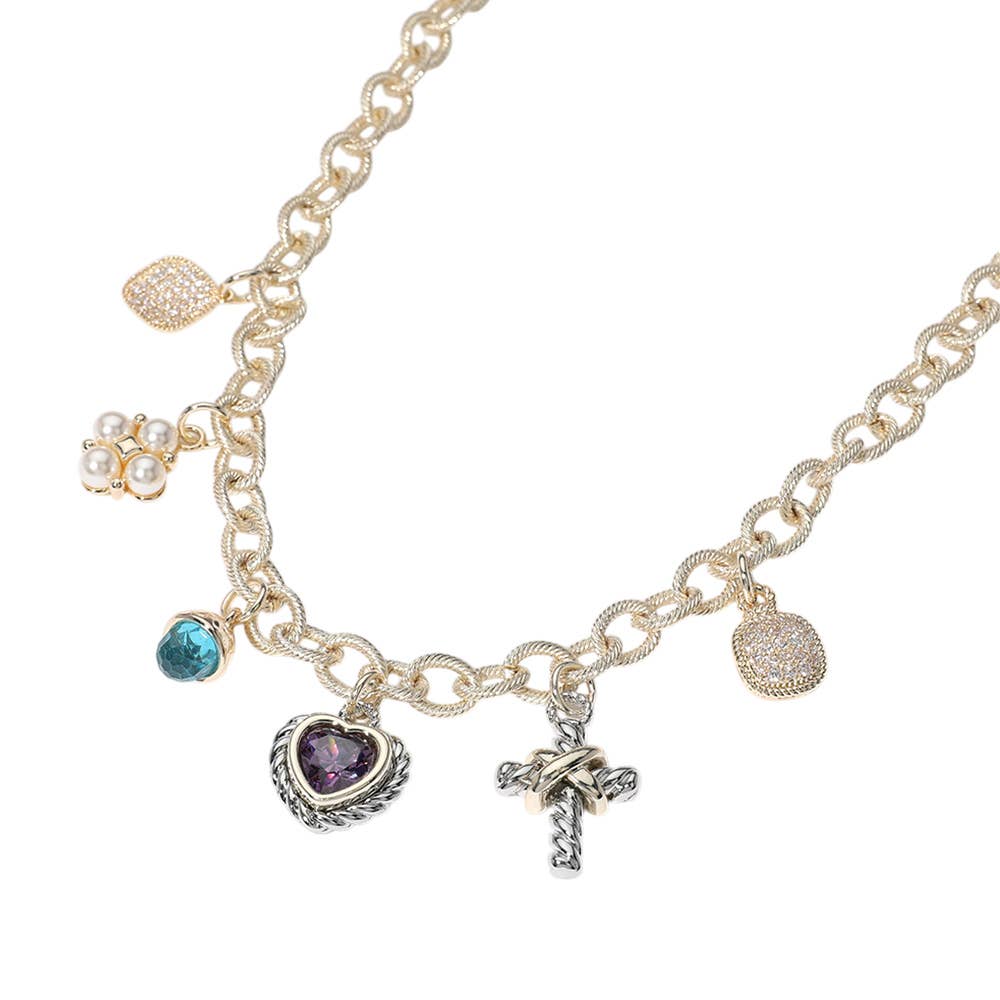 14K Gold Plated CZ Heart Pearl Cluster Metal Cross Necklace: Gold