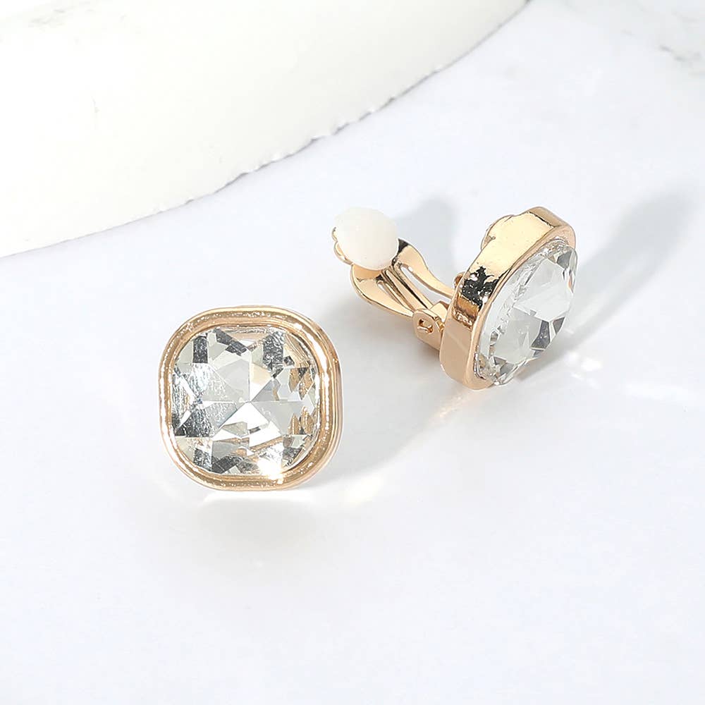 Square Cut Gem Evening Stud Clip On Earrings: Clear,Gold