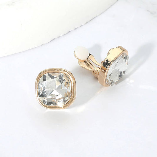 Square Cut Gem Evening Stud Clip On Earrings: Clear,Gold