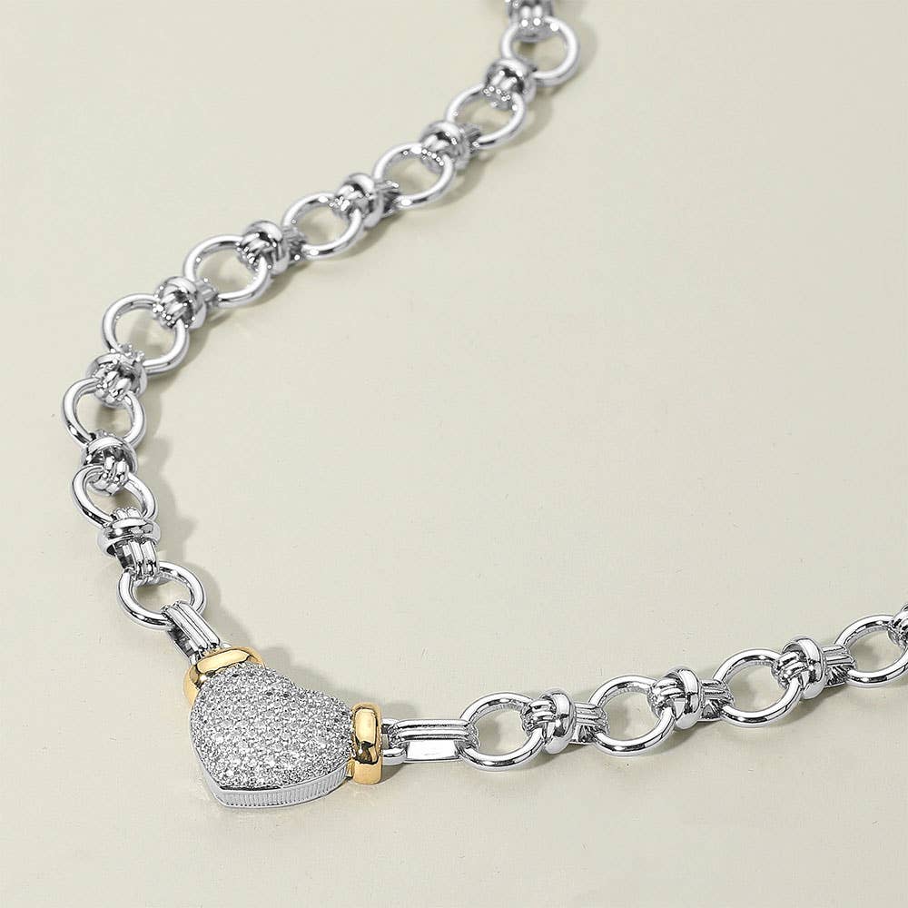 14K Gold Plated Two Tone CZ Stone Paved Heart Pendant Accent Chunky Chain Link Necklace