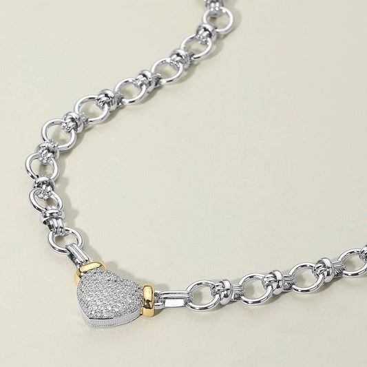 14K Gold Plated Two Tone CZ Stone Paved Heart Pendant Accent Chunky Chain Link Necklace