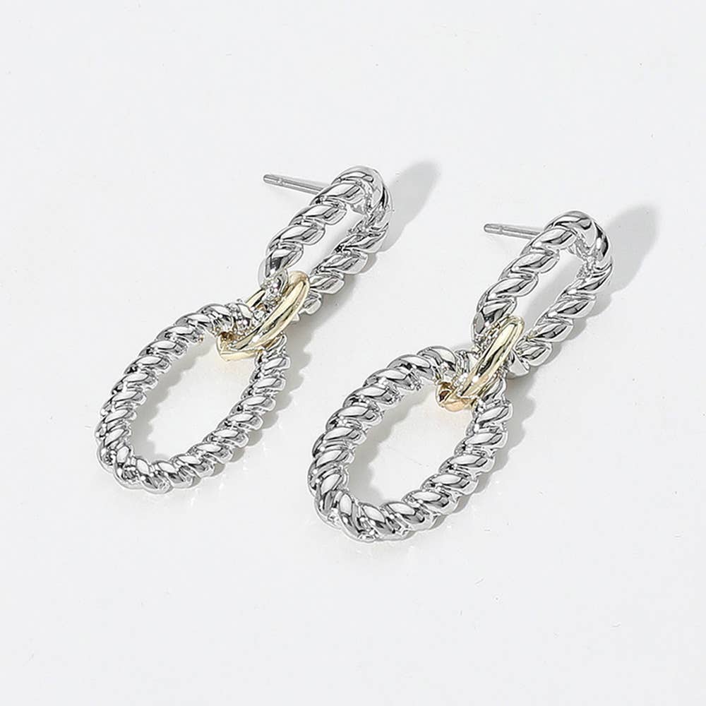 14K Gold Plated Two Tone Rope Oval Ring Link Earrings