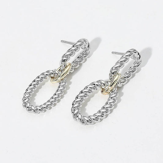 14K Gold Plated Two Tone Rope Oval Ring Link Earrings