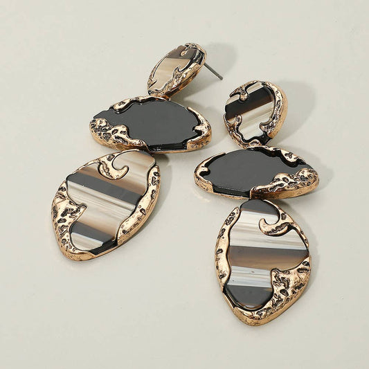 Textured Metal Frame Abstract Celluloid Acetate Plate Link Drop Statement Earrings: Brown,Gold,Multi