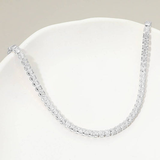 18K Gold Dipped Square Tennis Chain Necklace: Clear,Silver
