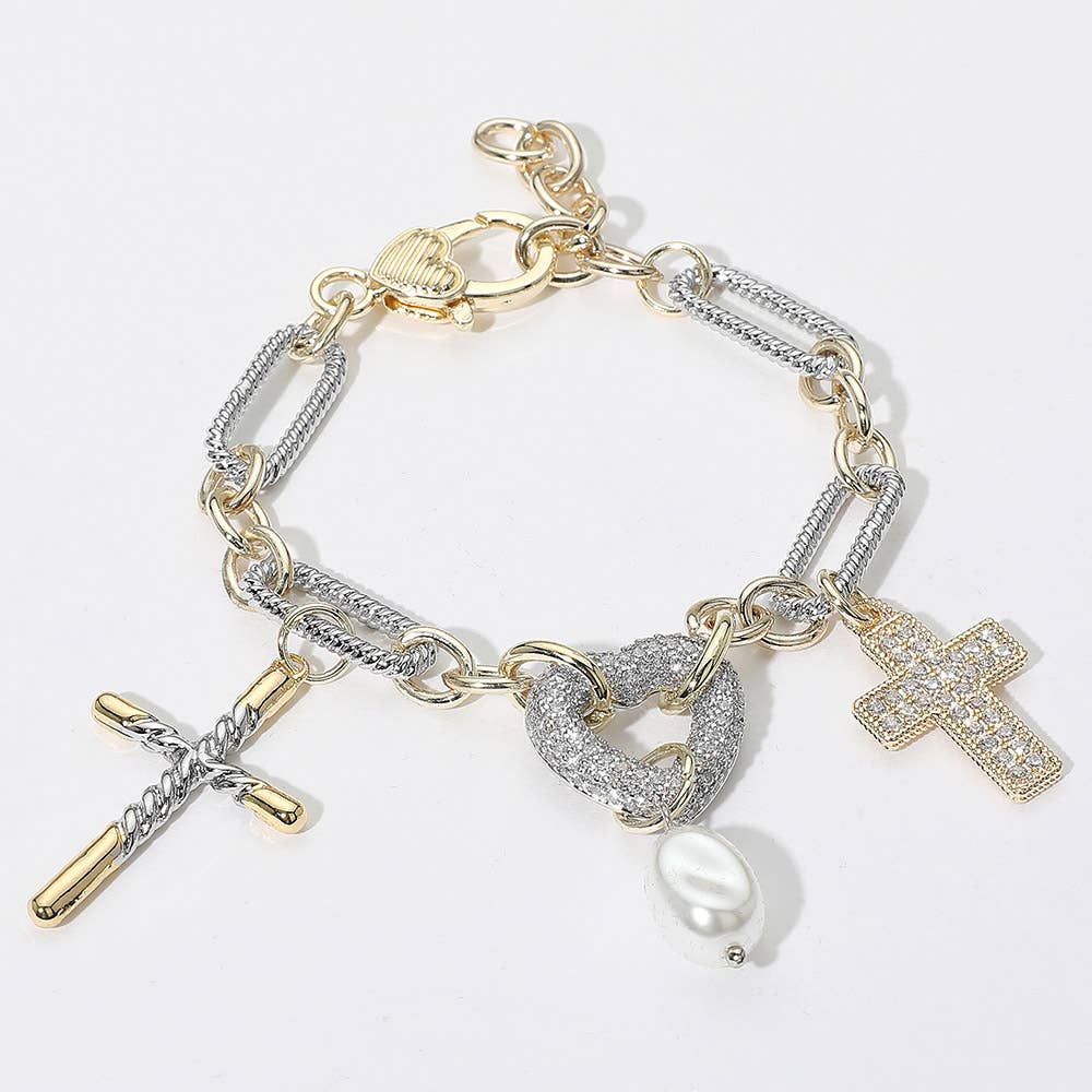 14K Gold Plate Two Tone CZ Stone Paved Cross Heart Pearl Charm Accent Mixed Link Chain Bracelet