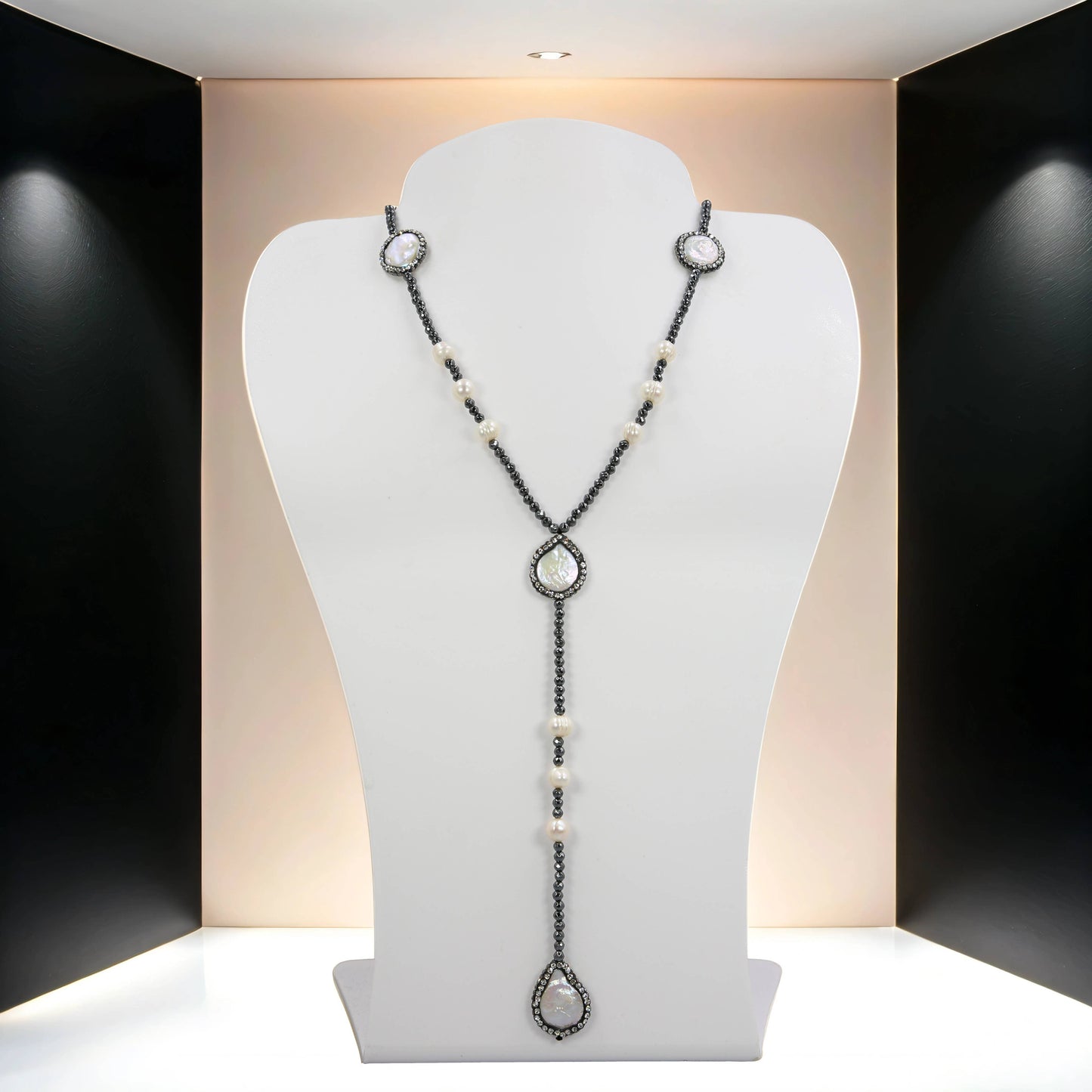 Faceted Hematite and Freshwater Pearls Lariat Necklace
