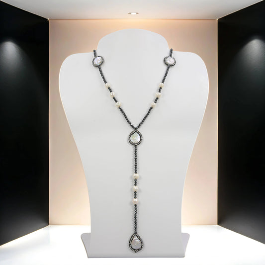 Faceted Hematite and Freshwater Pearls Lariat Necklace