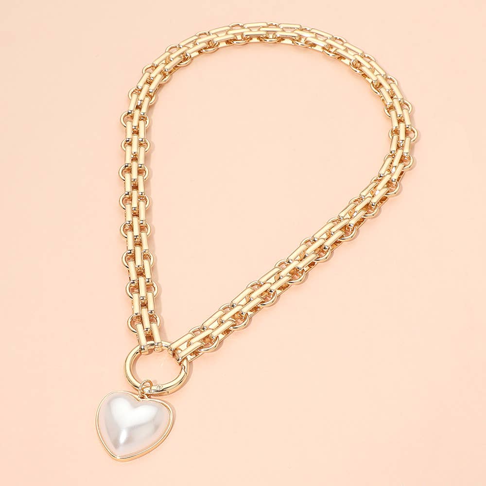 Pearl Heart Pendant Chunky Chain Necklace