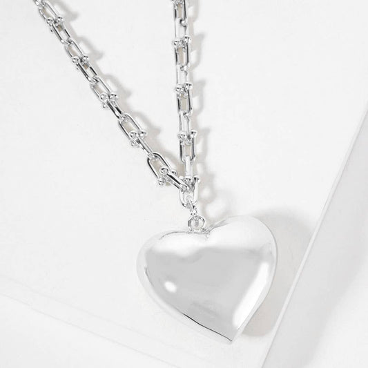 Gold Dipped Bold Puffy Heart Pendant Industrial Chain Necklace: Rhodium