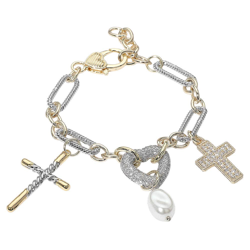 14K Gold Plate Two Tone CZ Stone Paved Cross Heart Pearl Charm Accent Mixed Link Chain Bracelet