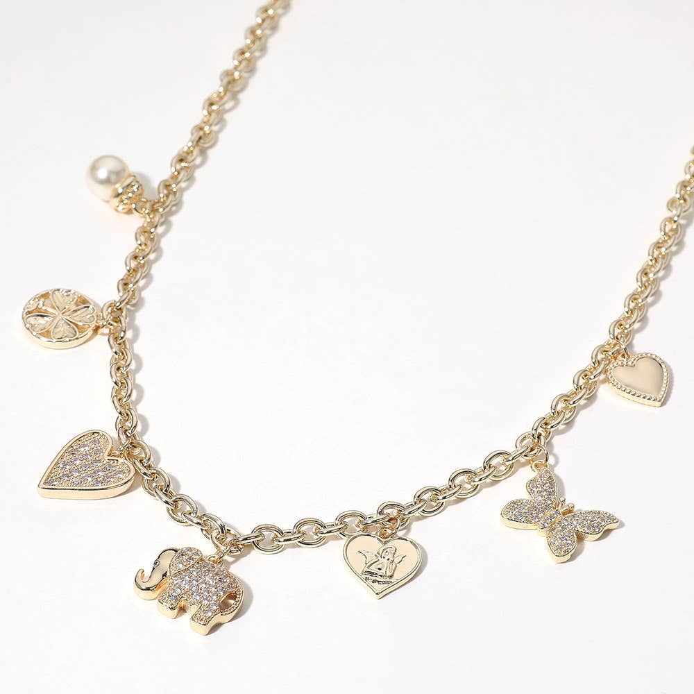 14K Gold Plated CZ Paved Elephant Butterfly Charm Necklace