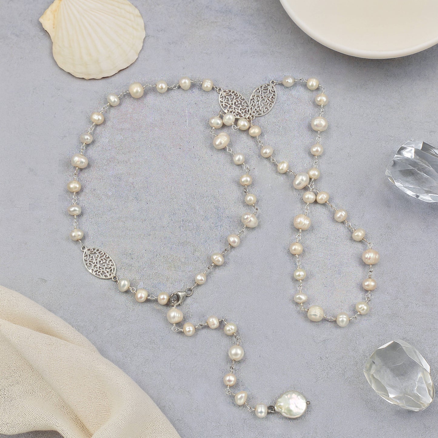 16C126 - Cultured Pearl Sterling Filigree Lariat Necklace